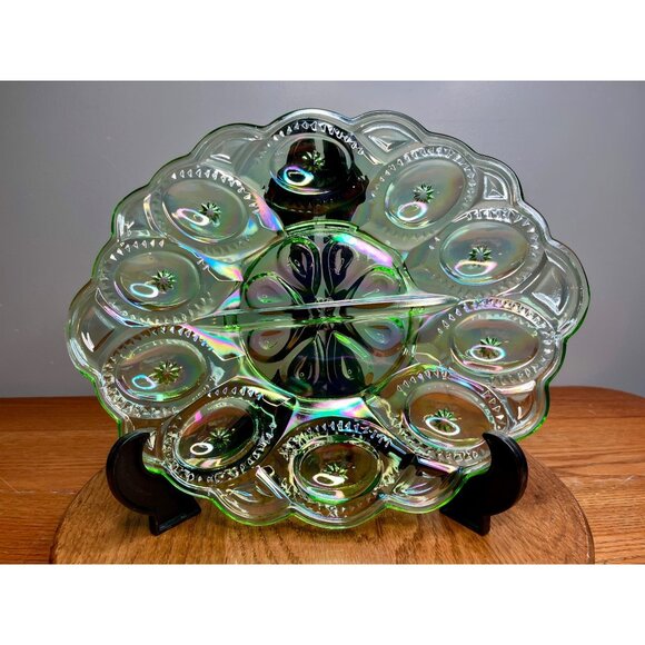 LE Smith Moon and Star Mint Green Carnival Glass Deviled Egg Plate - Picture 1 of 16